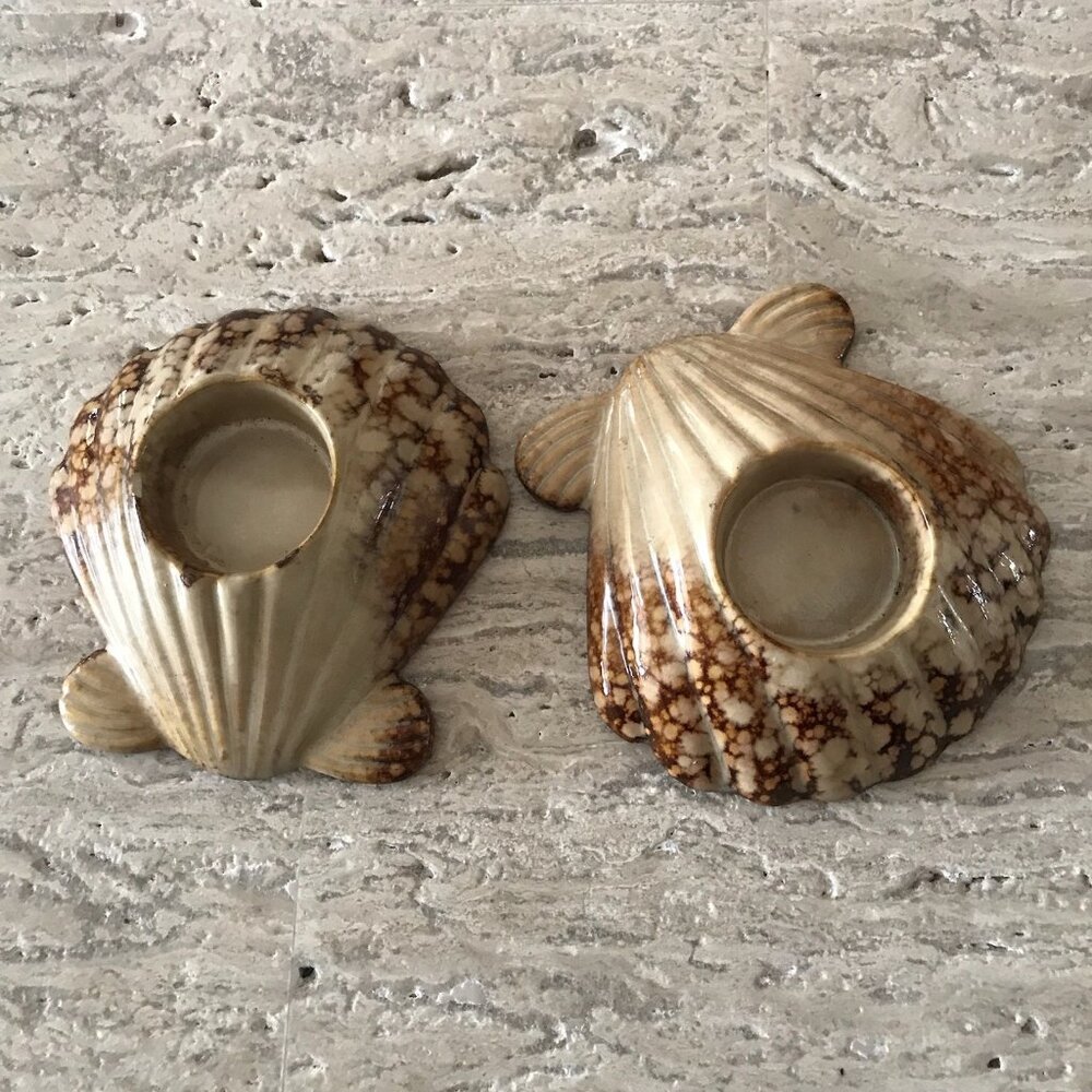 Vintage Ceramic Shell Candle Holders Pottery MCM Decor Brown Drip Glaze Coastal